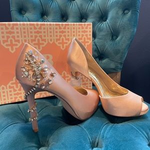 Blush Peep Toe Rhinestone Pumps